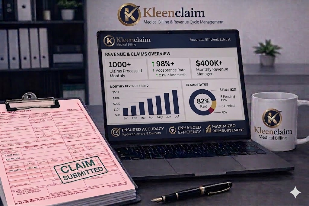KleenClaim billing workspace with a laptop, claim form, and coffee mug